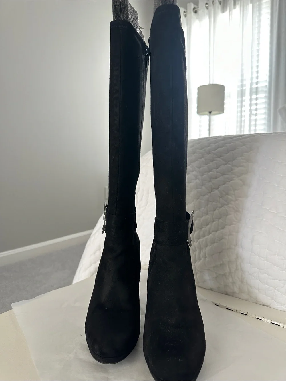 Black Over-the-Knee Suede Boots with Decorative Buckle